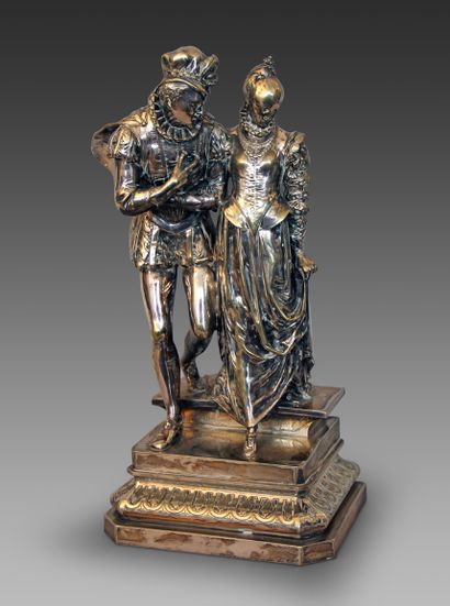 Auguste Louis LALOUETTE (1826-1883). Gallant couple from the time of Henry III.
Silvered...