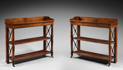 null A PAIR OF CONSOLES in mahogany and veneer, with three rectangular tops supported...