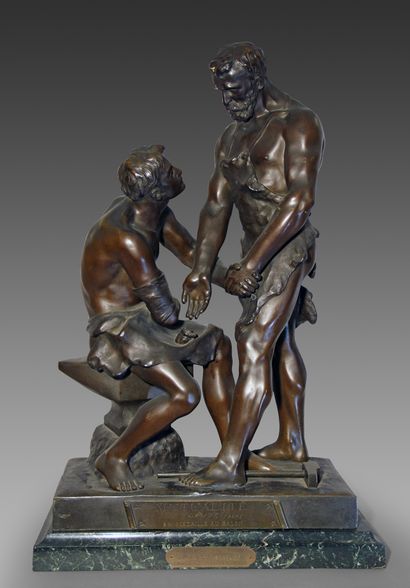 Maurice Constant FAVRE (1875-1915). "Mutuality". 
 Bronze group with two brown patinas...