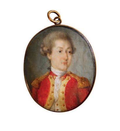 null Oval MINIATURE.
Young officer in red uniform.
18th century.
H. 4,6 x 3,9 cm.
Split...