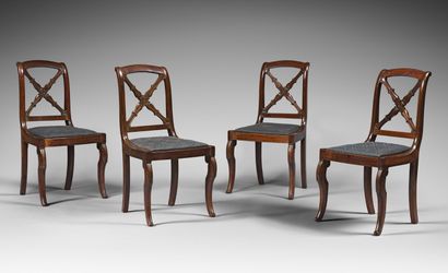 null SUITE OF 6 CHAIRS in mahogany and veneer, the back decorated with a cross of...