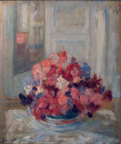 Jean de La HOUGUE (1874 - 1959). Bouquet de pois-de-senteur.
Oil on paper mounted...
