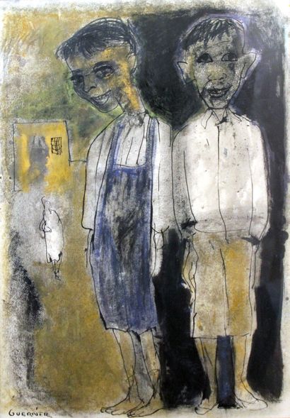 Raymond GUERRIER (1920 - 2002). Les deux écoliers.
Technique mixte sur papier, signée...