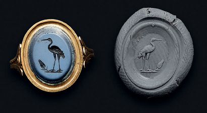 null Engraved intaglio of a heron in front of an ear of wheat. Nicolo. Roman art....
