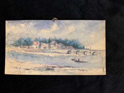 null Watercolour "View of a river with fishermen" on the front and "sketch of a house"...