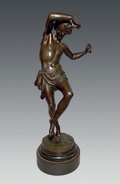 null Pair of figures of dancers-musicians in bronze with brown patina; inscribed...