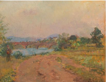 ALBERT LEBOURG (1849-1928) Pont-du-Château (Puy-de-Dôme)
Oil on paper mounted on...
