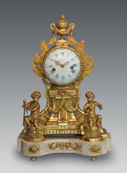 null A white marble and ormolu clock of children illustrating Painting and Sculpture,...