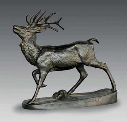 null Stag figure in bronze with brown patina, signed Barye and
Susse frères Editeurs...