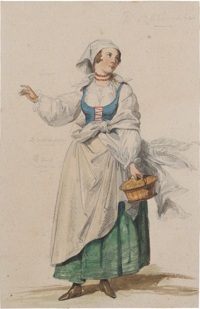 DEVERIA Eugène Paris 1808-Pau 1868 Studies of Polish costumes 1-Woman of Prozowianka...