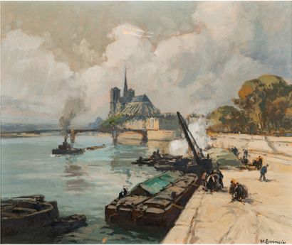 Henri Alphonse BARNOIN (1882-1940) Péniches à quai au chevet de Notre-Dame
Huile...