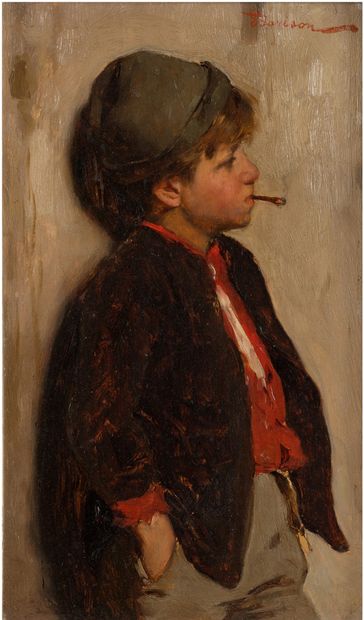 Giuseppe BARISON (1853-1931) Le jeune fumeur
Huile sur panneau, signée en haut à...