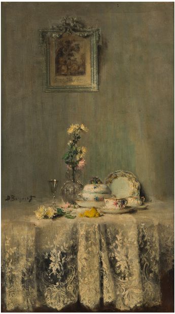 Denis Pierre BERGERET (1846-1910) The lace tablecloth
Oil on canvas, signed middle...