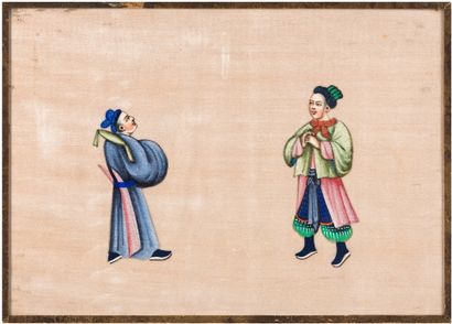 CHINE, Canton-Vers 1900 Two gouaches on rice paper, young women, children and characters....