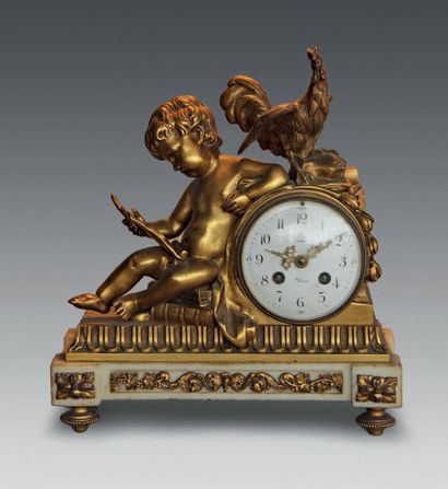 null A gilt bronze clock decorated with a child, the dial with Arabic numerals surmounted...