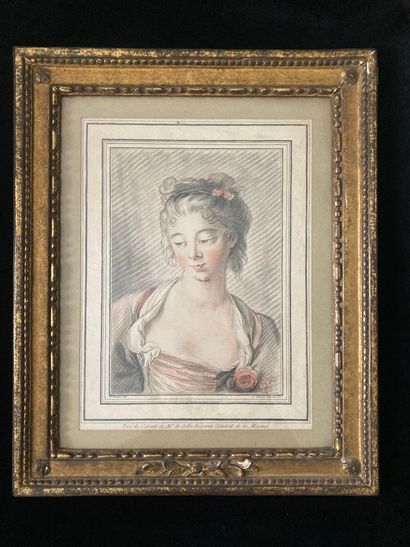 GILLES DEMARTEAU (1722-1776) Femme et panier de fleurs, N°101-Tête d'après F. Boucher,...