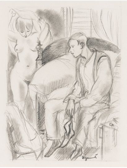 André DIGNIMONT (1891-1965) At the Hotel
Black pencil and stump drawing, signed lower...
