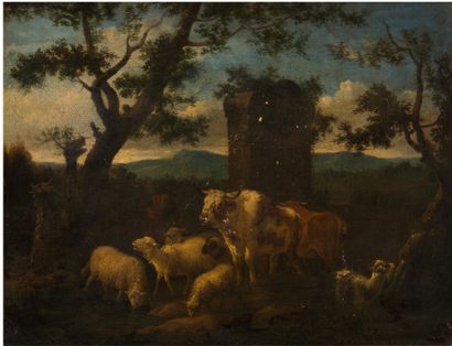 BERCHEM Nicolas (Ecole de) 1621-1683 Shepherd and his flock in the countryside
Oil...