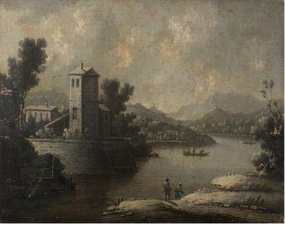 École FRANÇAISE du XVIIIe siècle 1-Landscape with a river along a village
Oil on...