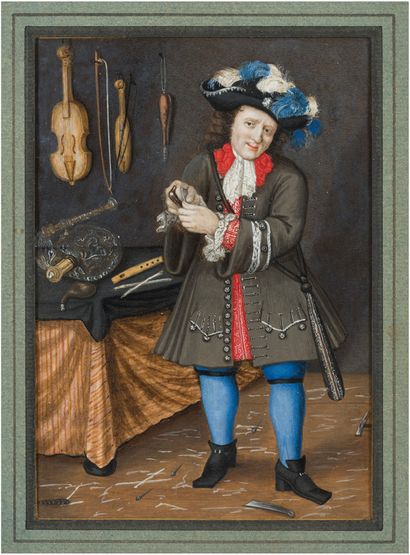 École FRANÇAISE vers 1700 1-Man with a blue and white feathered hat in a shop selling...