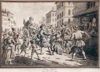 JEAURAT Etienne (Attribué à) 1699-1789 Two street scenes in Paris.
1-Man taken to...