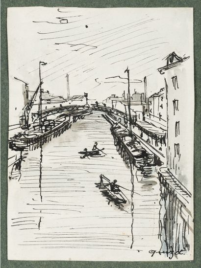 Alphonse QUIZET (1885-1955) View of Paris
Four ink and wash drawings, signed lower...