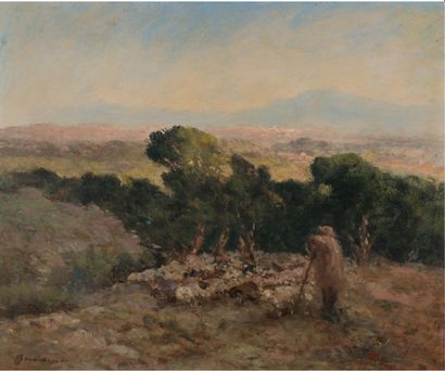 Fernand MAILLAUD (1863-1948) The shepherd and his flock
Oil on board, signed lower...