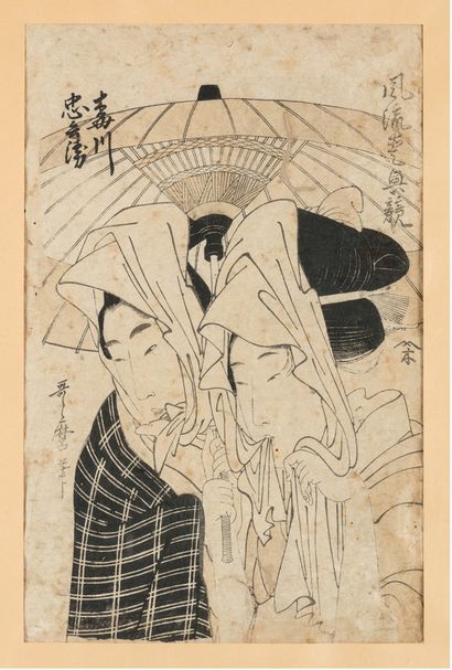 Kitagawa Utamaro (1753-1806) Two oban tate-e depicting Umegawa and Chubei under their...