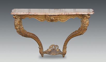 null Gilded wood console decorated with foliage and rocaille, flowers and trellises,...