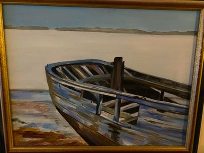 null 
*Lot including: Stranded boat, oil on canvas; two framed pieces: La grève and...