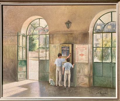 null Soledad FERNANDEZ RAMOS (1945). "Children at the vending machine", oil on canvas...