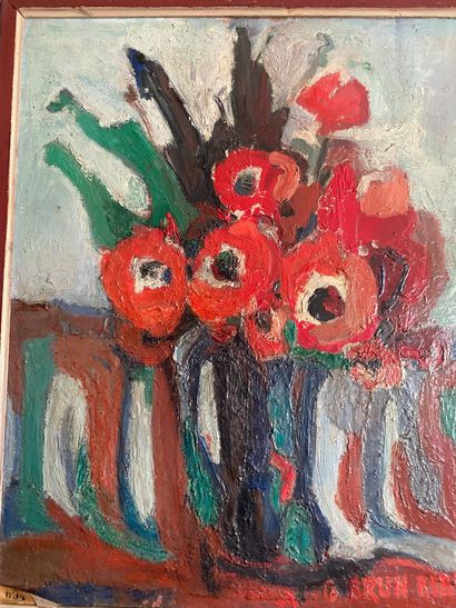 null G. BRUN-ALBERSPY. Vase de fleurs rouges, huile sur toile signée en bas à droite...