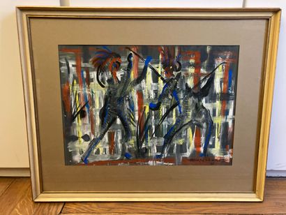 null Modern composition: the duel of the warriors. Gouache on paper, signed and dated...