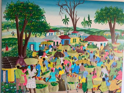 null Ensemble de peintures haïtiennes dont: scènes de village, arbres animés, les...