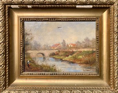 null Lot comprenant : L. GERARD, Le pont à la rivière, huile sur toile signée en...