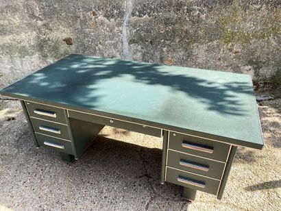 null Flat metal desk with boxes opening to six drawers in front. We joined a cabinet...