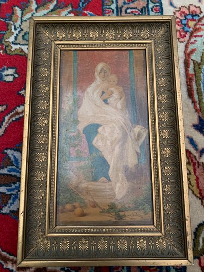null School XIX°. Virgin and Child. Oil on panel, signed lower right. Frame with...
