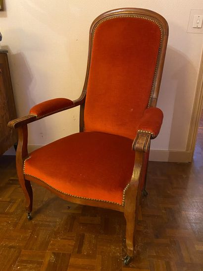 null Voltaire armchair in natural wood, orange velvet upholstery.