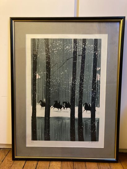 null 
Lot including :

-Serge LASSUS. The riders in the snowy forest. Lithograph...