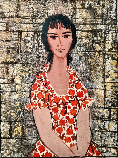 null Woman with a red flower dress: oil on isorel, 94,5x72 cm and Man in bust, oil...