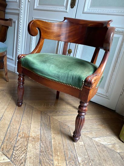 null Mahogany and mahogany veneer desk armchair; front legs gerbe. Louis Philippe...