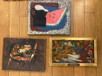 null Lot including: Composition: oil on paper damaged; Still life with watermelon:...