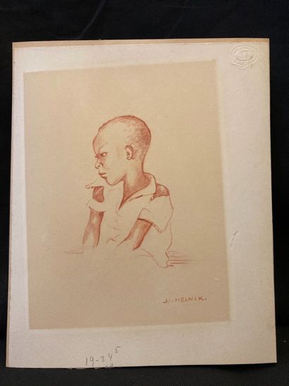 null Lot including :

- Nicole MELNIK. African Child. Drawing with red chalk signed...