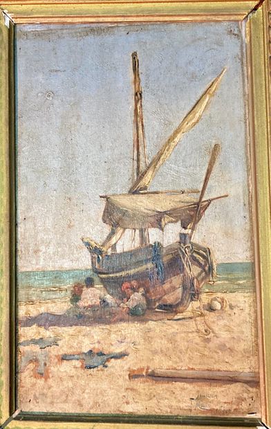 null Oil on panel, Children with a sailboat, 28x17