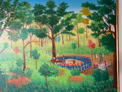 null Set of Haitian paintings including: village scenes, animated trees, villages,...