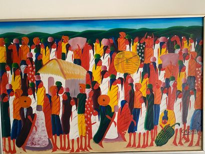 null Ensemble de peintures haïtiennes dont: scènes de village, arbres animés, les...