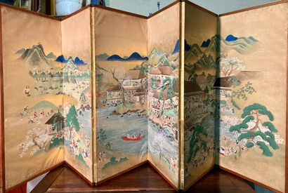 null Paravent à six feuilles huile sur papier "paysage japonais animé", 102 x 46,5...