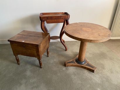null Lot including: natural wood footed rack; working table and low circular inlaid...