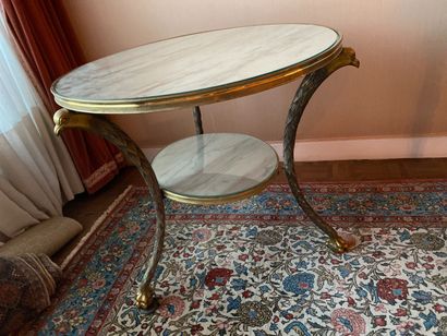 null Round pedestal table with two trays; bronze base with two patinas decorated...