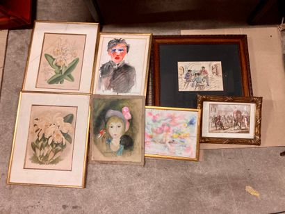 Set of eight framed pieces: drawings, re...